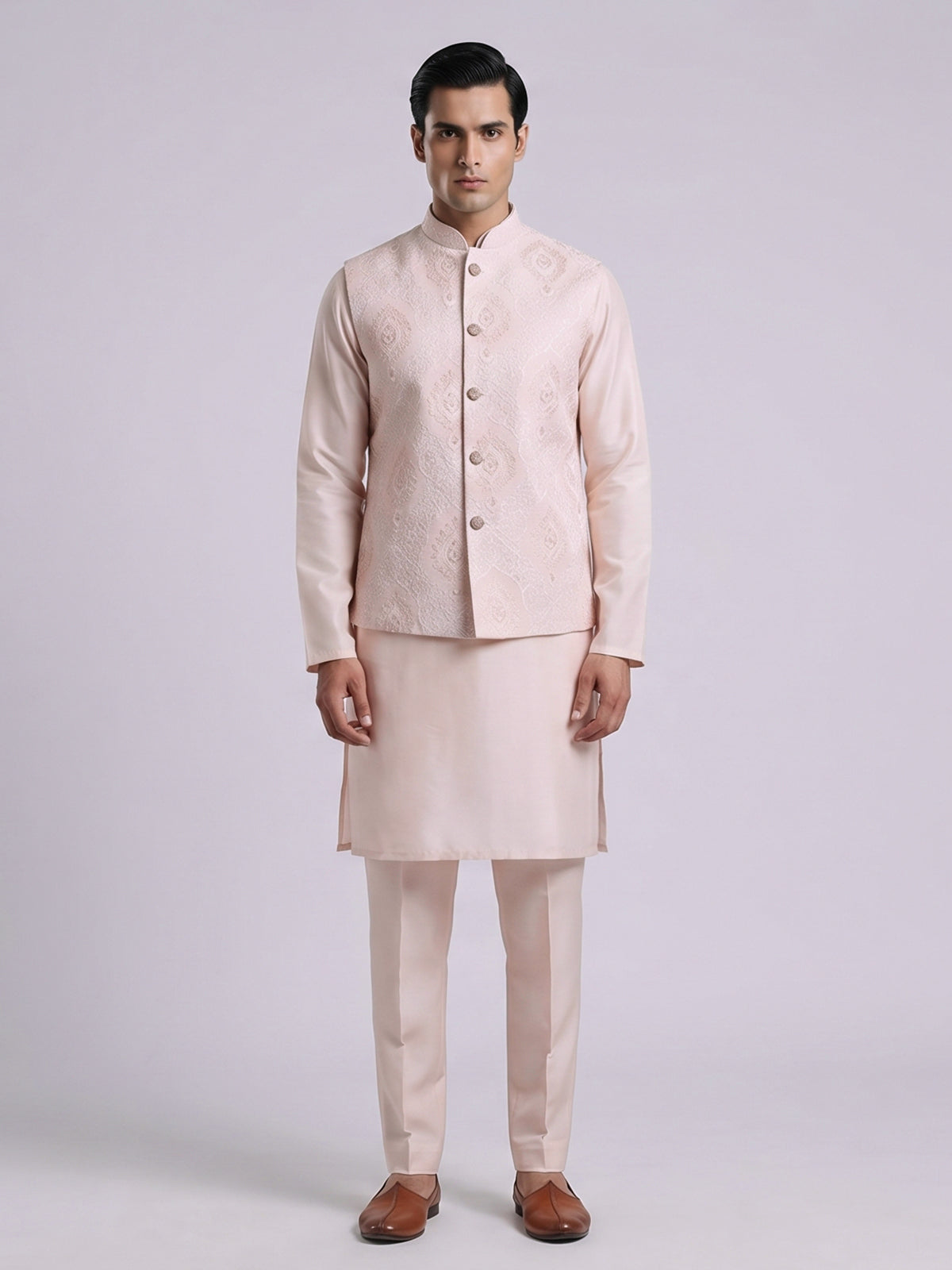 Peach silk linen embroidered festive waistcoat set for men