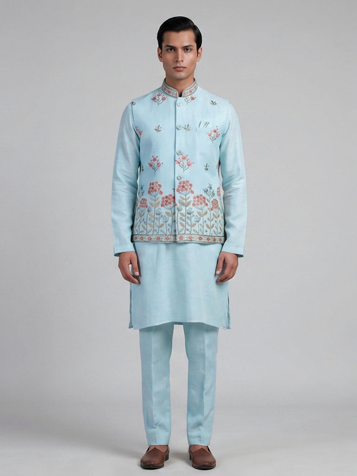 Mint blue cotton linen embroidered festive waistcoat set