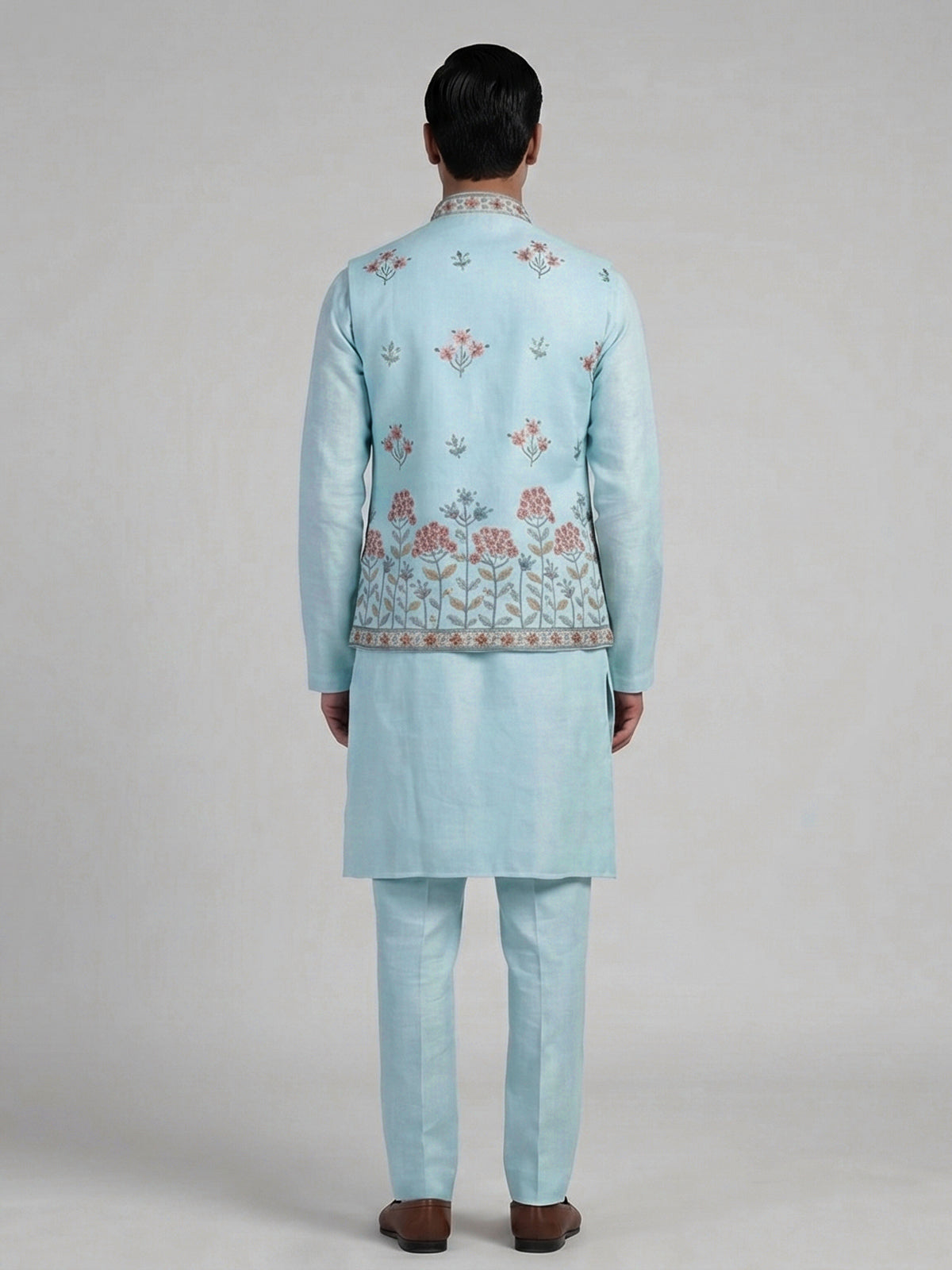 Mint blue cotton linen embroidered festive waistcoat set
