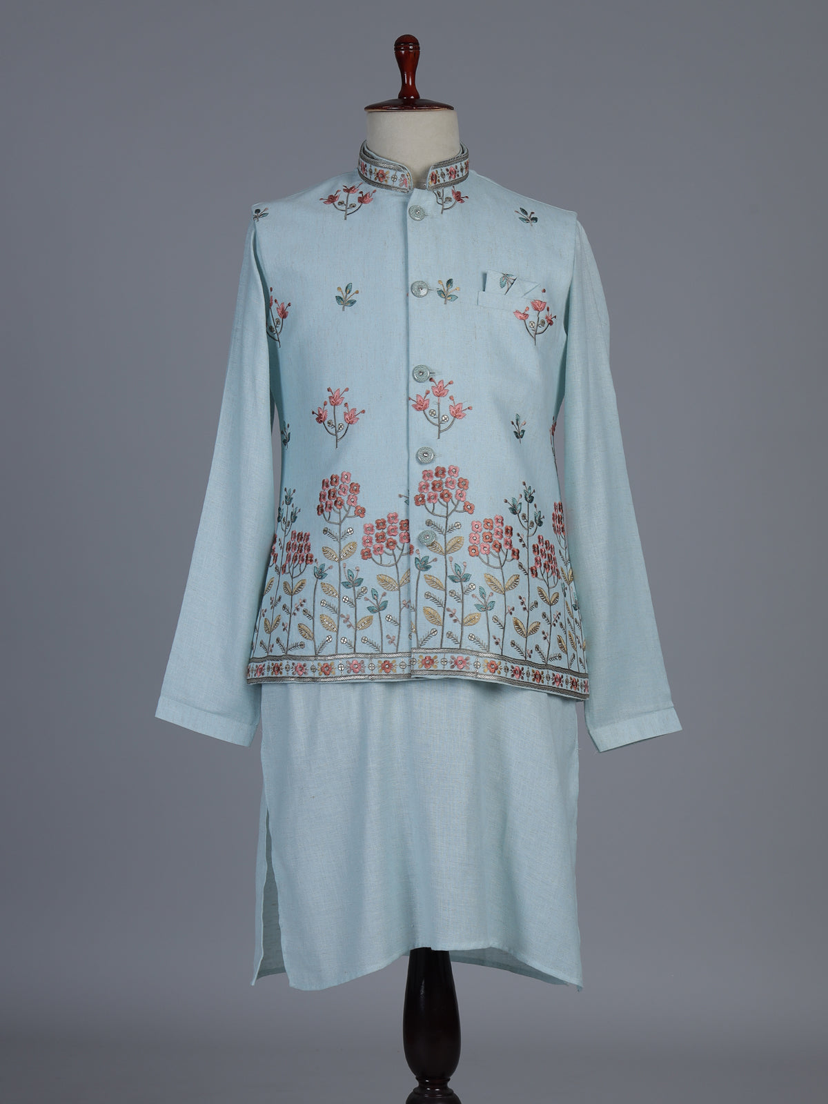 Mint blue cotton linen embroidered festive waistcoat set