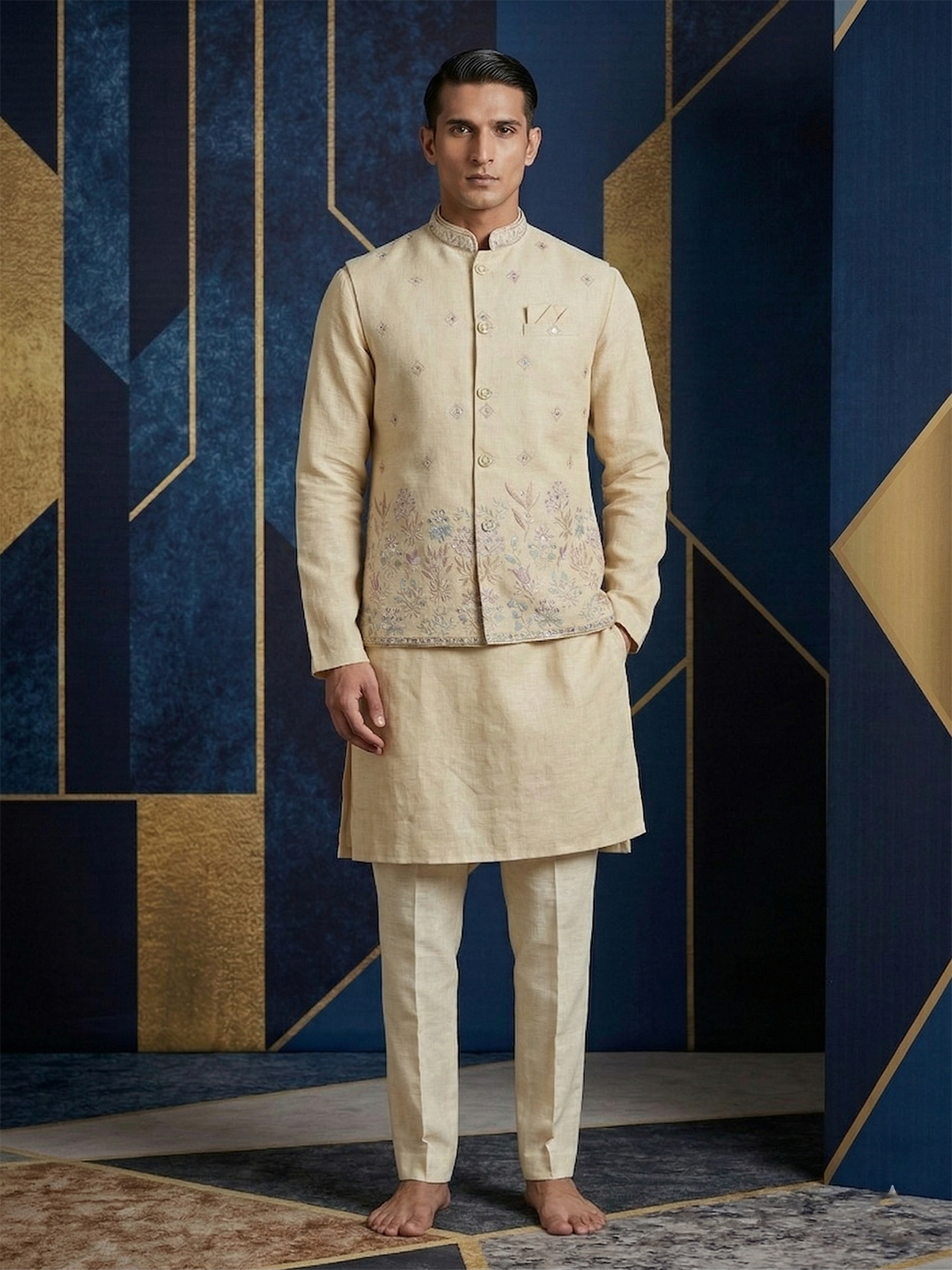 Cream cotton linen embroidered festive waistcoat set for men