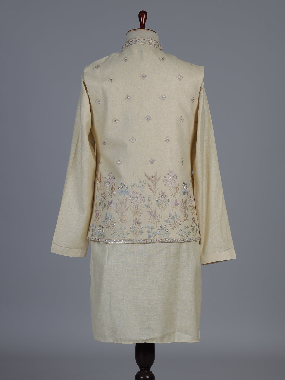 Cream cotton linen embroidered festive waistcoat set for men