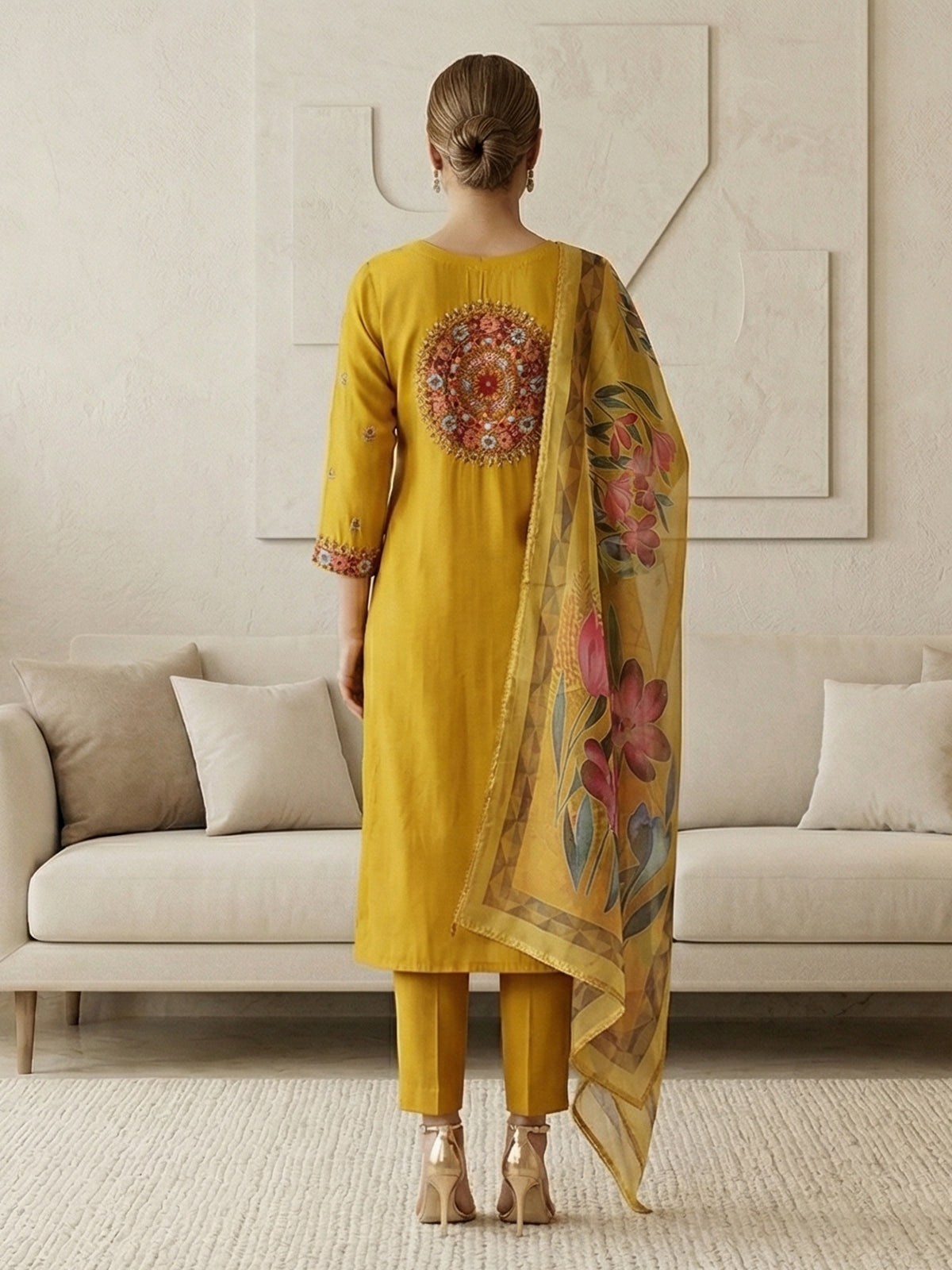 Mustard yellow silk straight cut festive kurti set with dupatta
