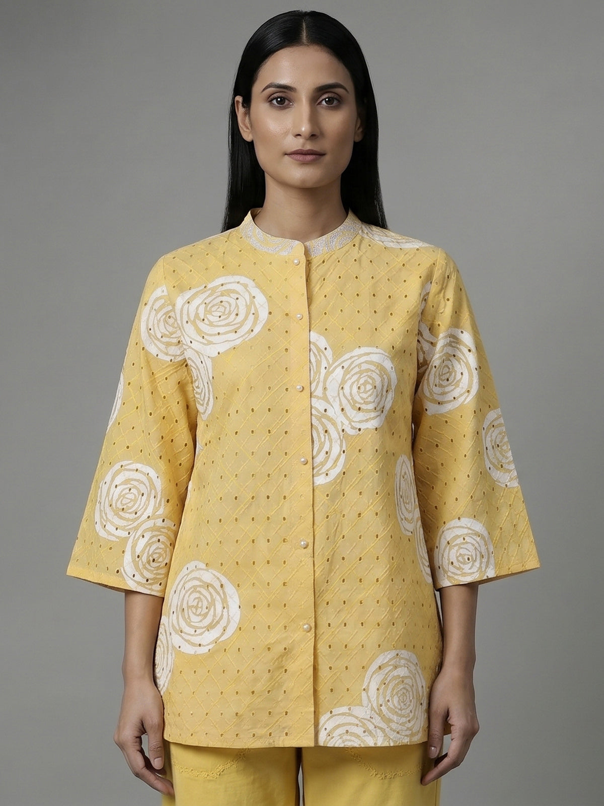 Yellow cotton co ord set with delicate cut work
