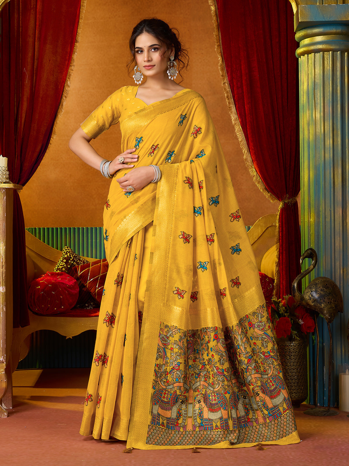 Mustard yellow cotton linen saree with floral zari border