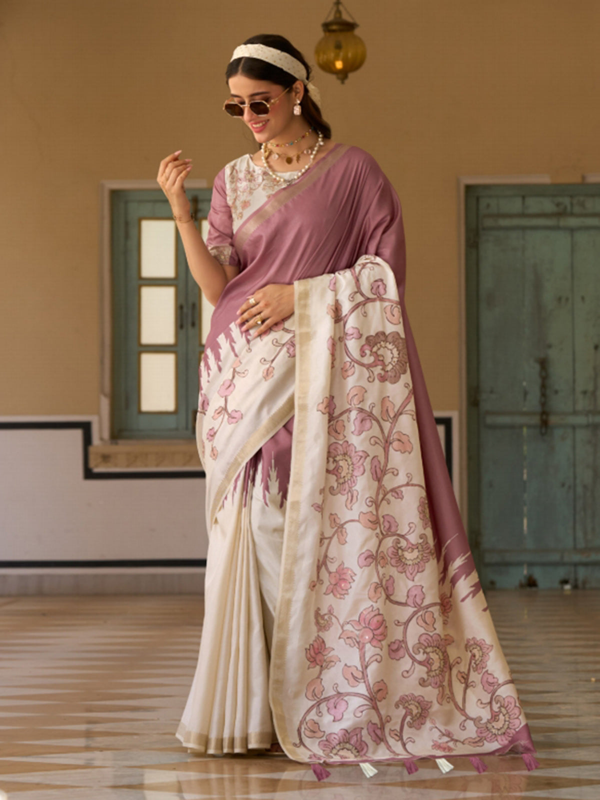 Mauve and off white tussar silk saree elegance