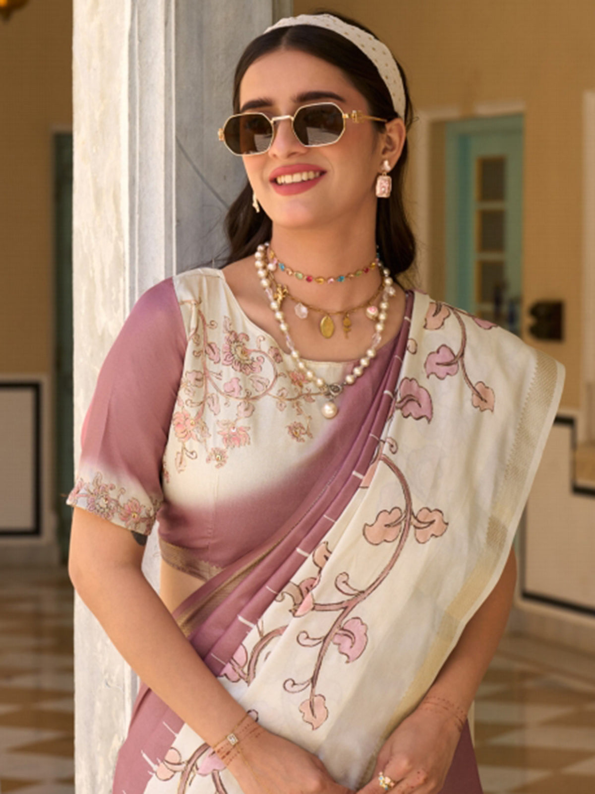 Mauve and off white tussar silk saree elegance