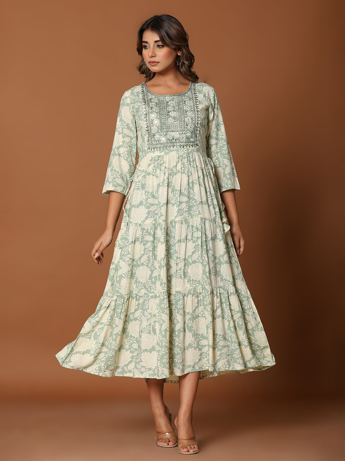 Pista green cotton silk yoke kurti with aabla work