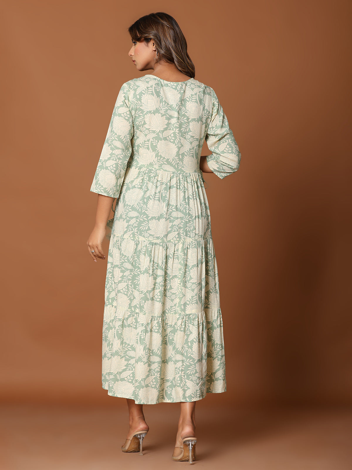 Pista green cotton silk yoke kurti with aabla work