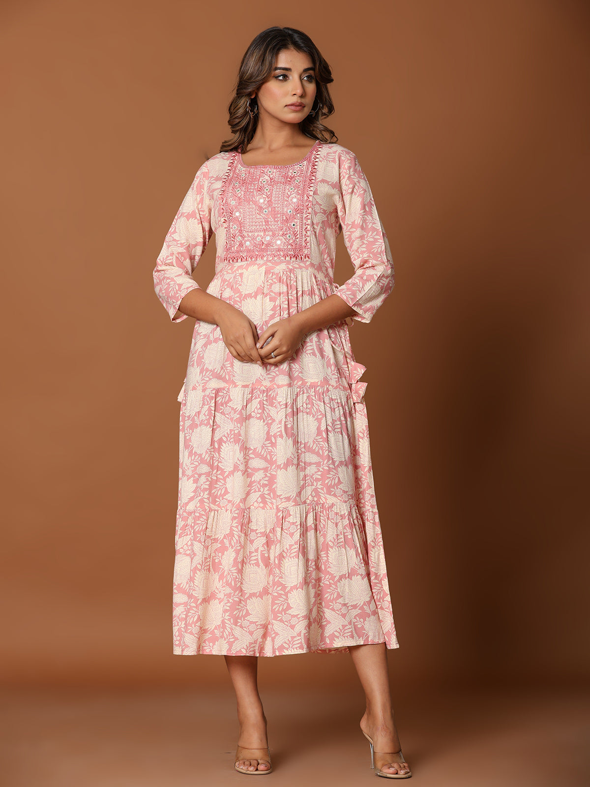 Pink cotton silk yoke kurti with floral aabla and embroidery