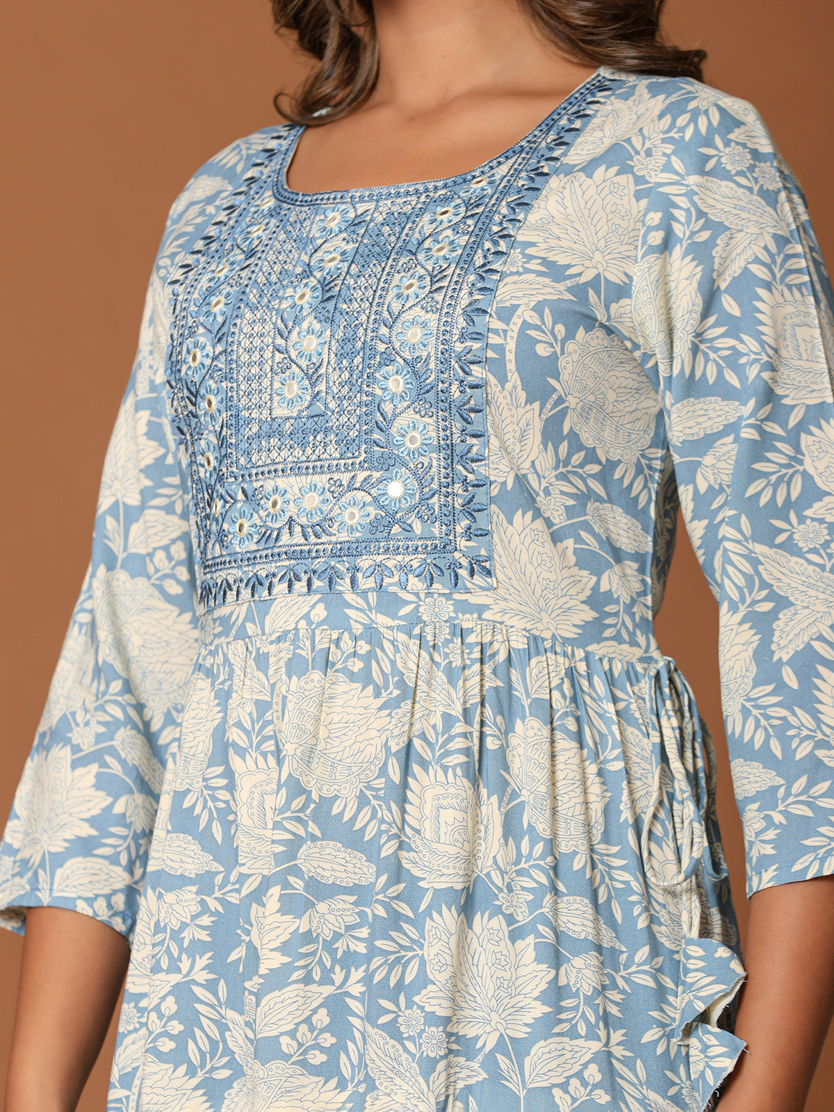 Stone blue cotton silk yoke kurti with aabla and embroidery