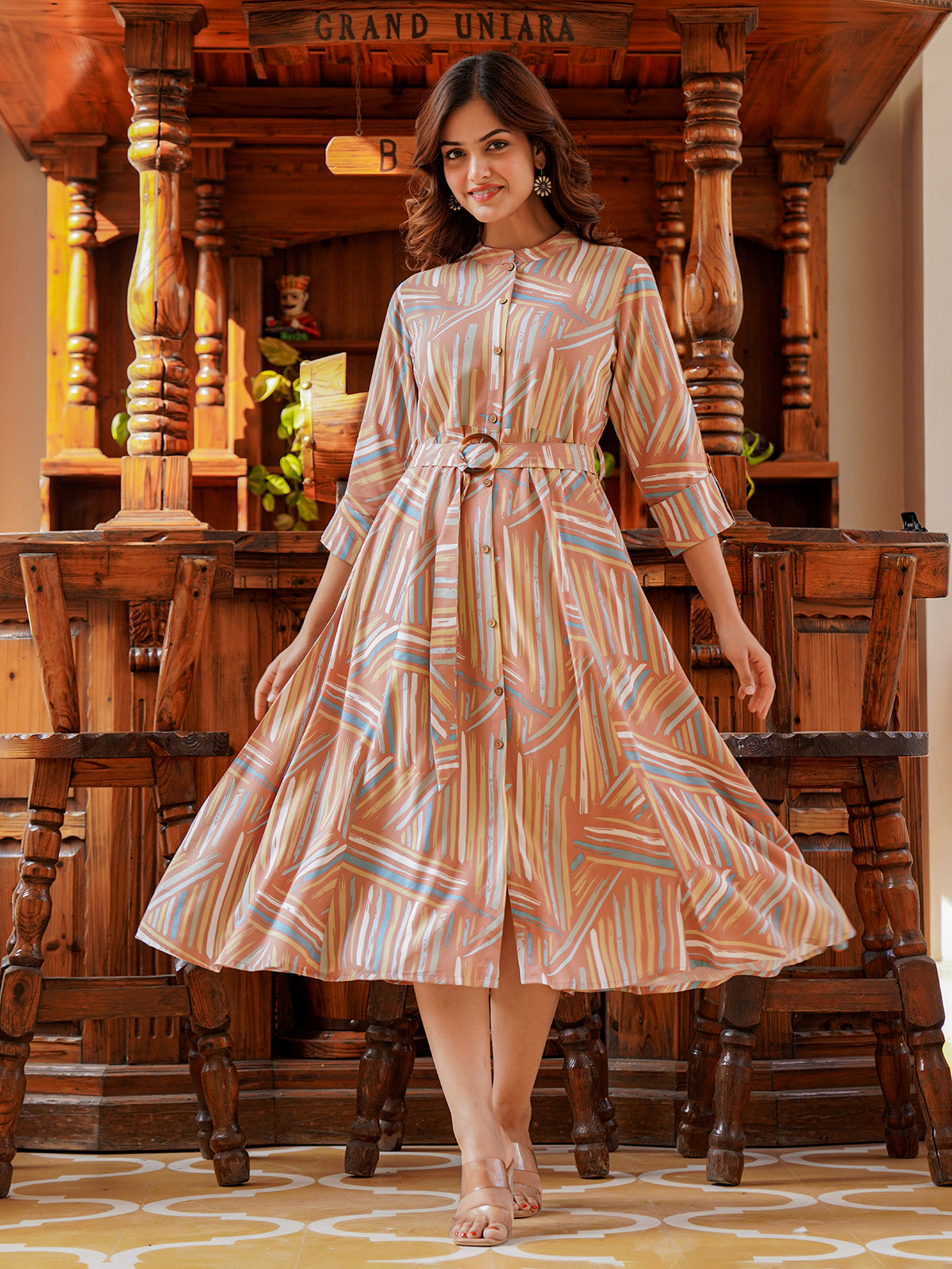 Dusty peach cotton silk printed kurti with belt design