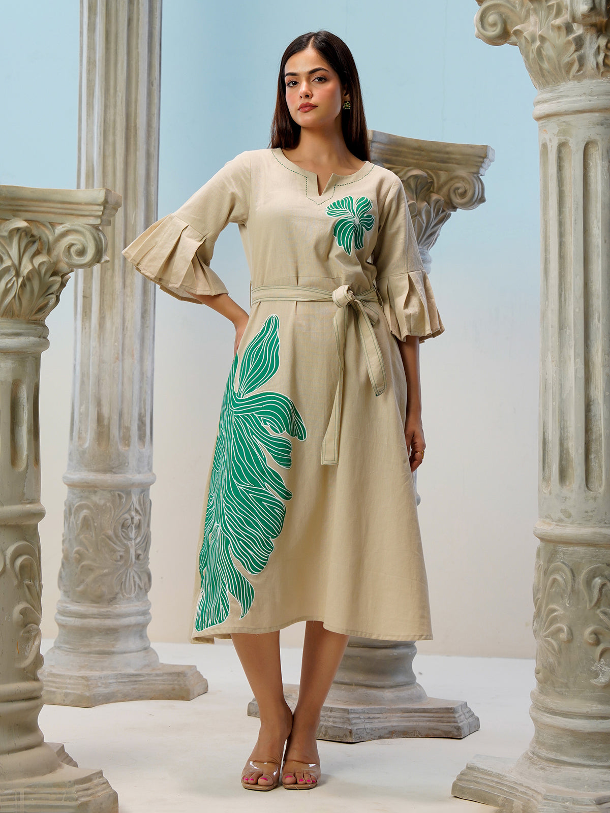 Beige cotton linen printed kurti with belt styling