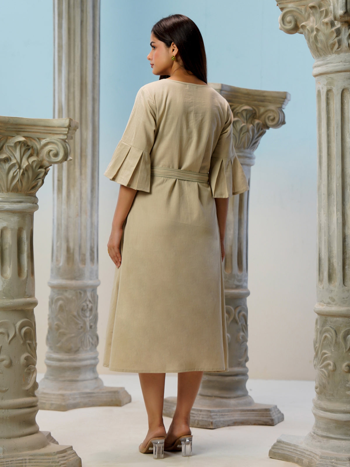 Beige cotton linen printed kurti with belt styling