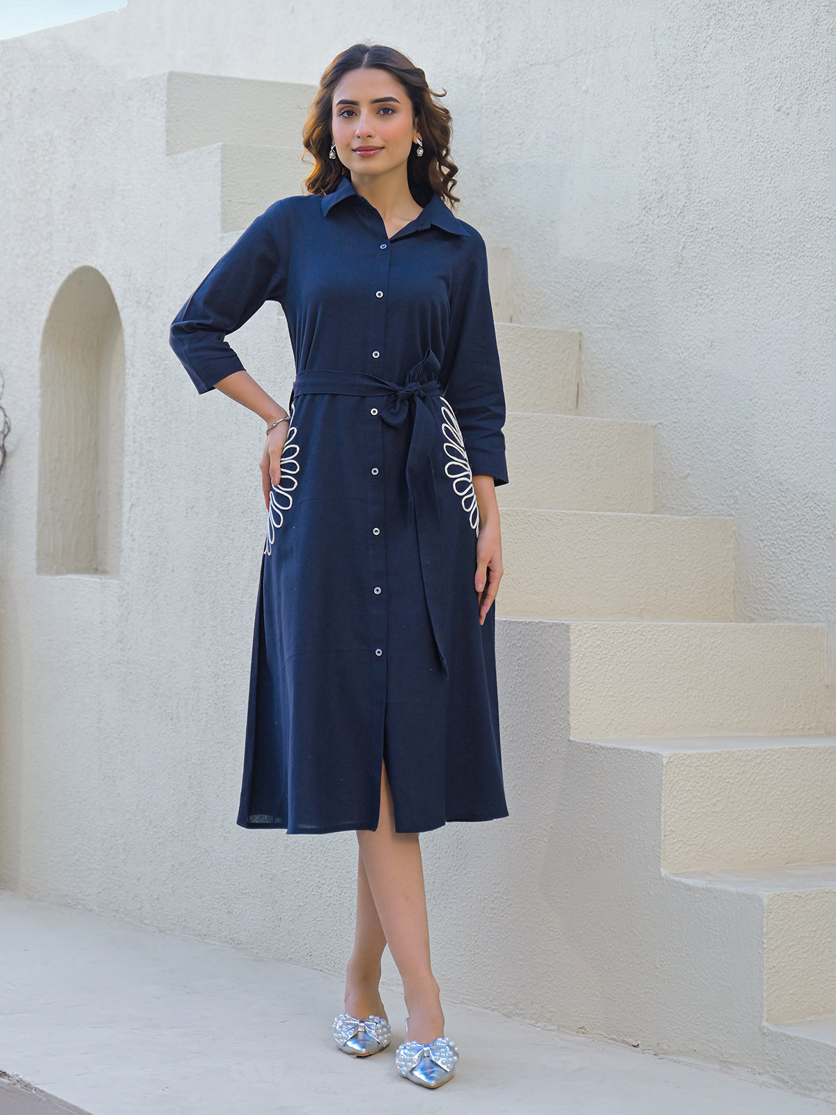 Navy cotton silk kurti with white thread belt accent