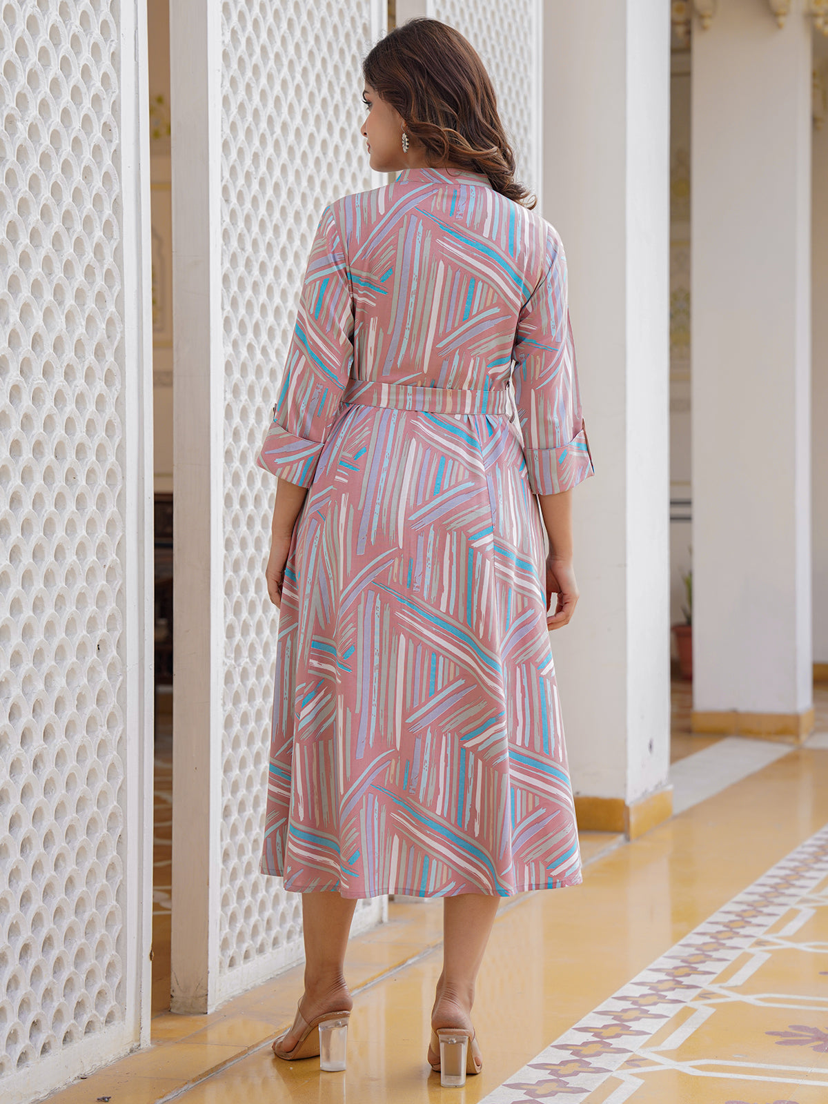 Onion pink cotton silk printed kurti with stylish belt