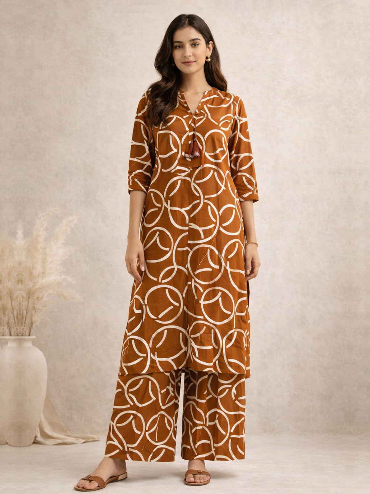 Rust orange silk printed kurti palazzo set festive wear