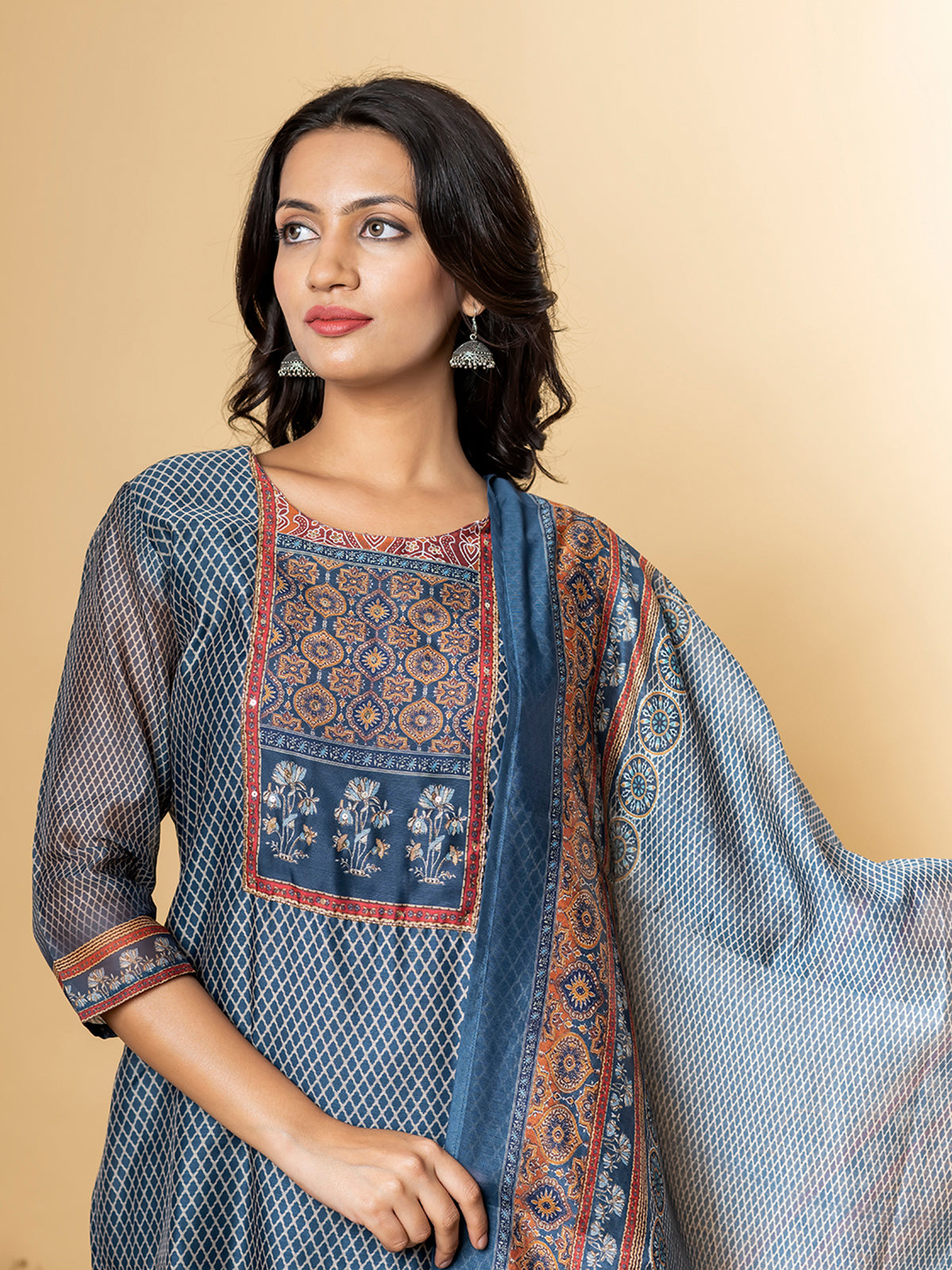 Blue silk straight kurti set with sequins and cutdana work