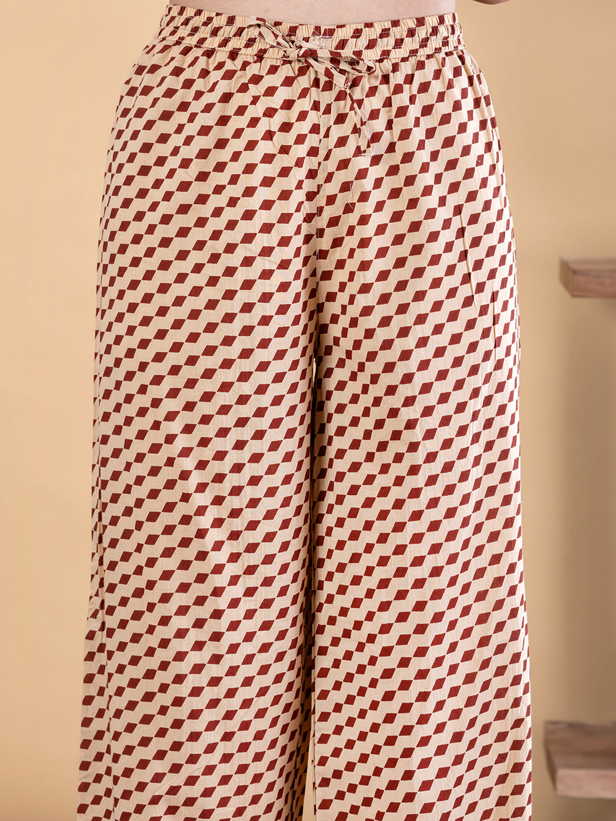 Cream maroon cotton silk kurti palazzo set with mirror work