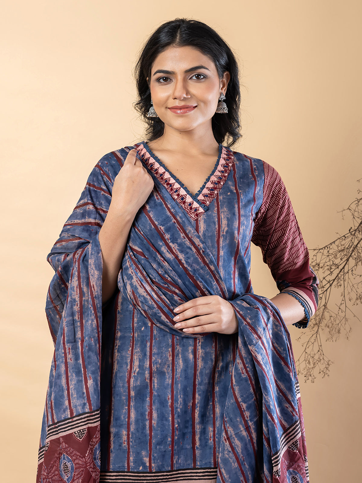 Blue maroon silk printed kurti set with festive pant