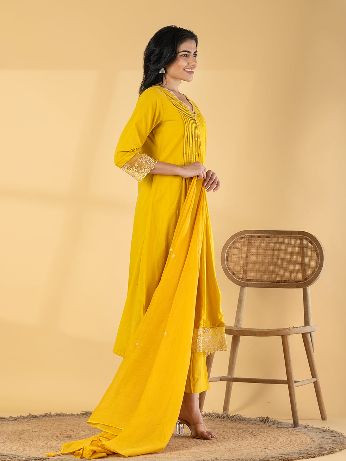 Yellow cotton silk yoke kurti set with beadwork detailing