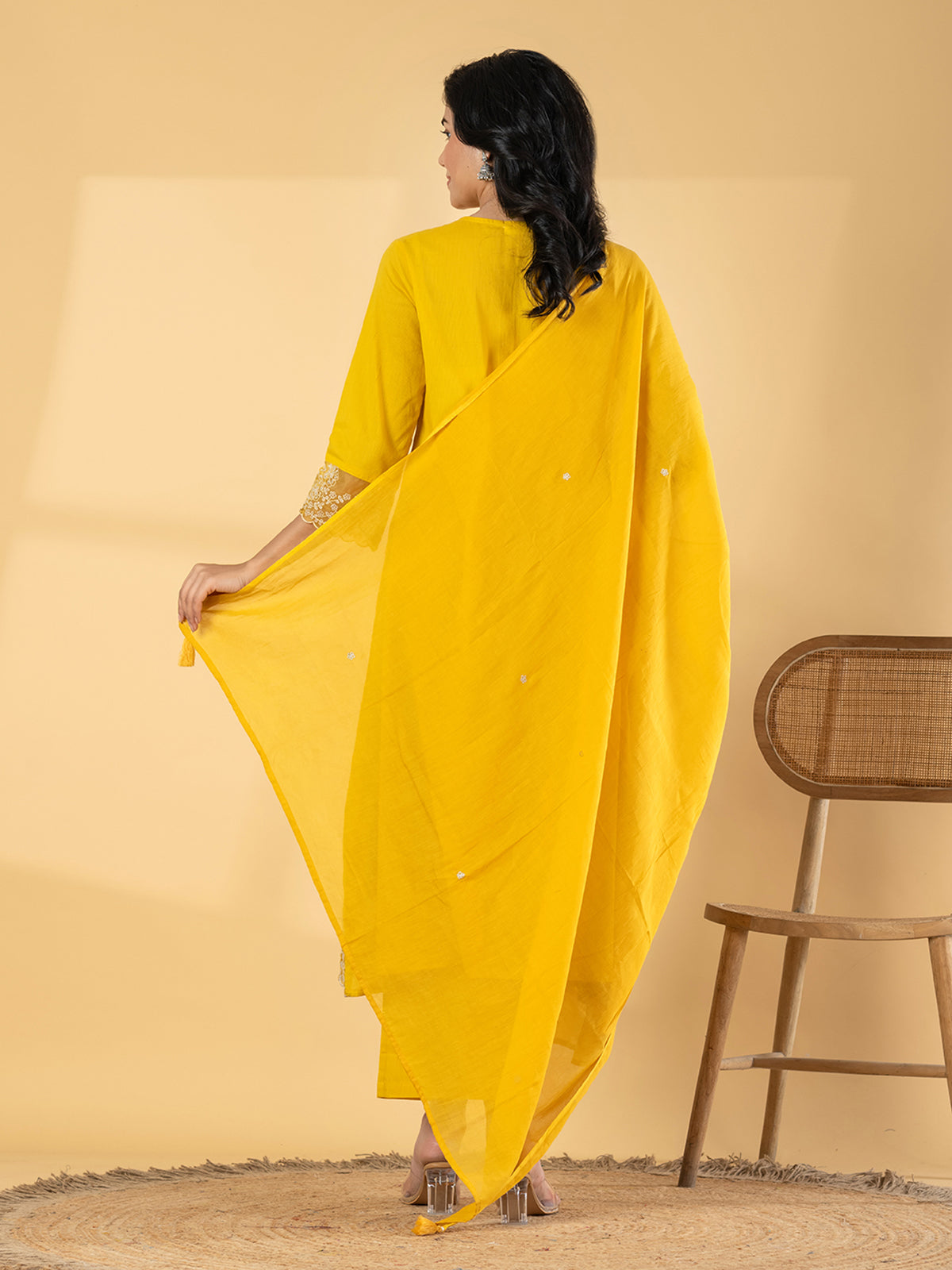 Yellow cotton silk yoke kurti set with beadwork detailing