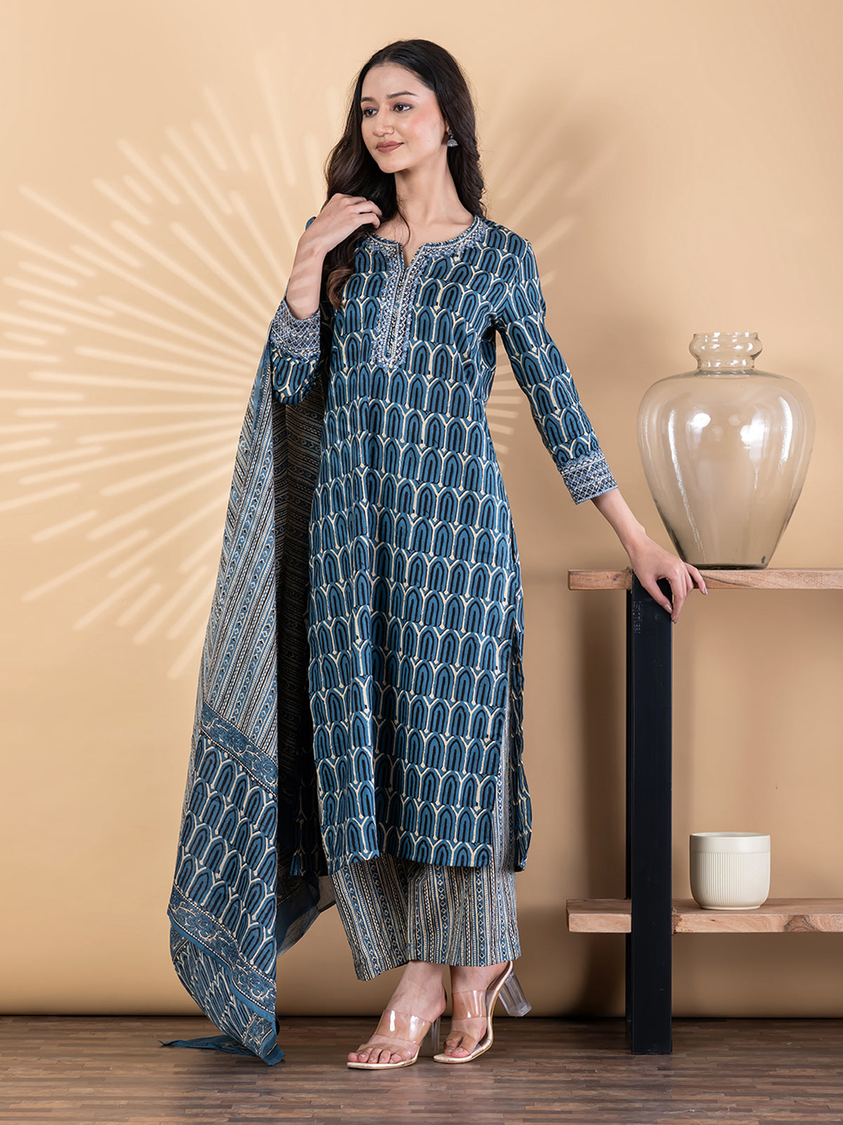 Blue silk kurti palazzo set with aabla work