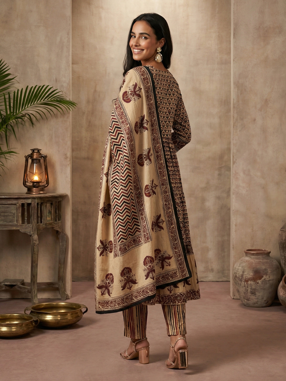 Beige maroon cotton silk yoke kurti set with thread work