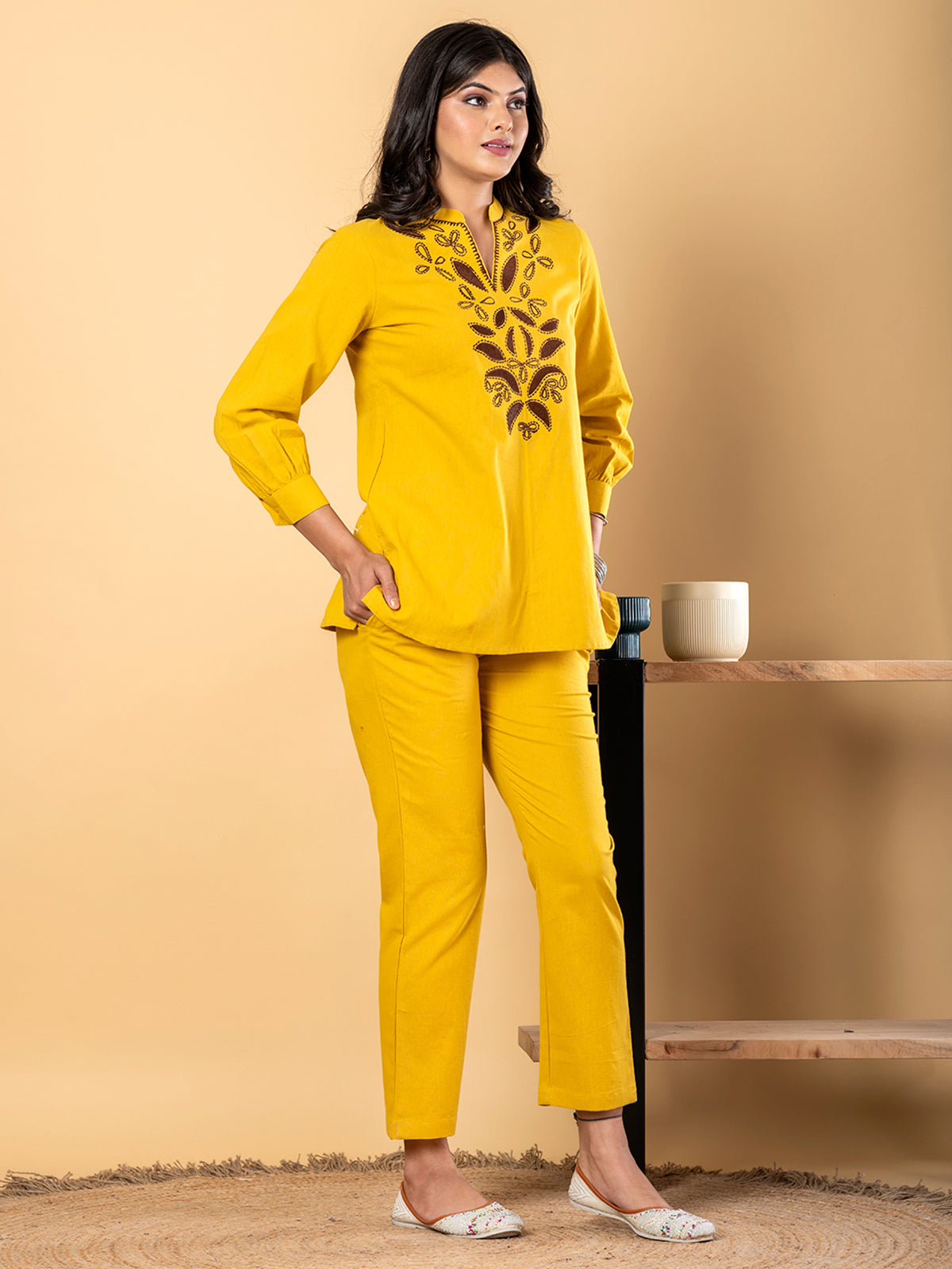 Mustard yellow cotton thread work casual co ord set