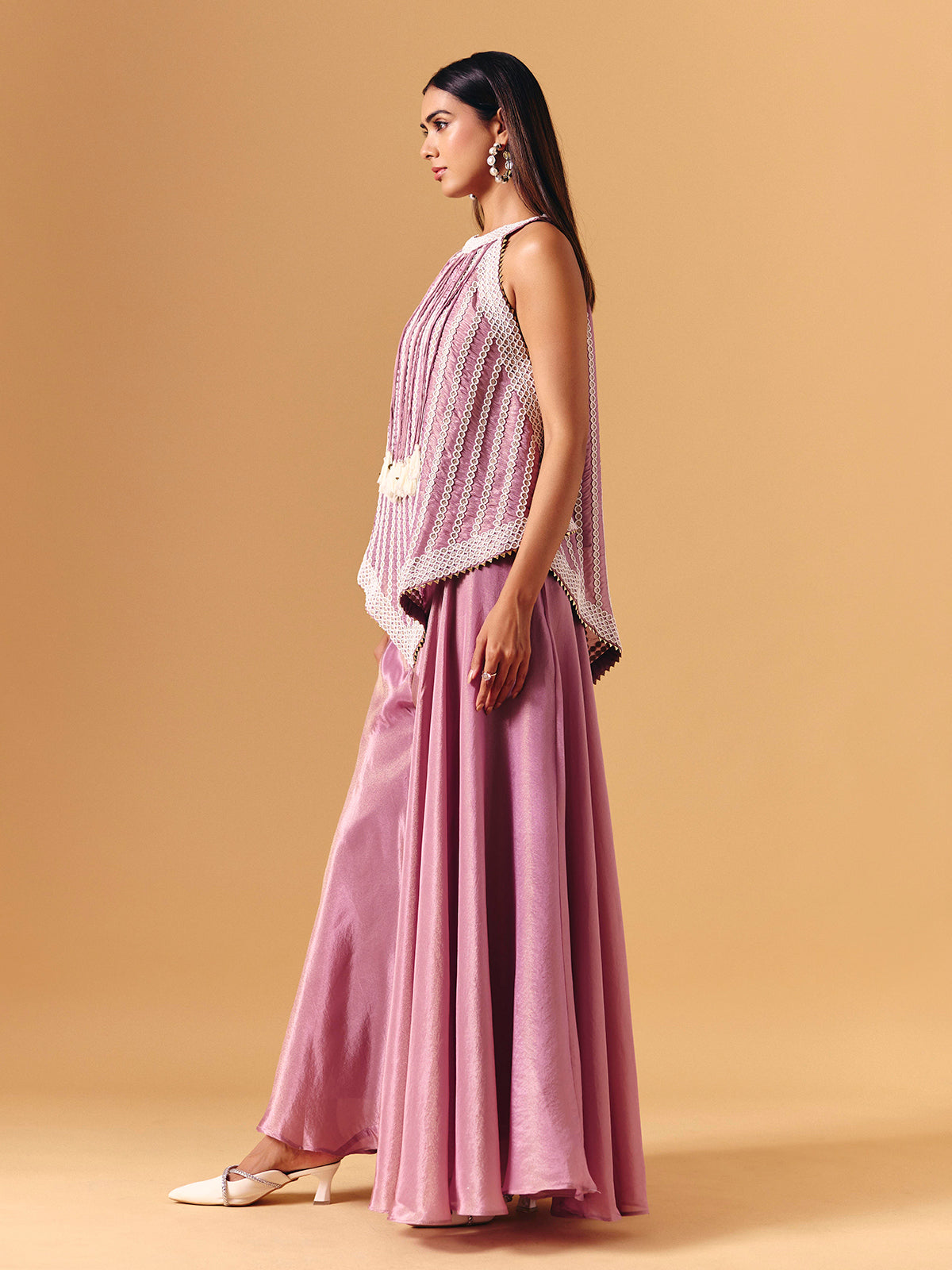 Pink satin silk palazzo suit with gota tassel accents