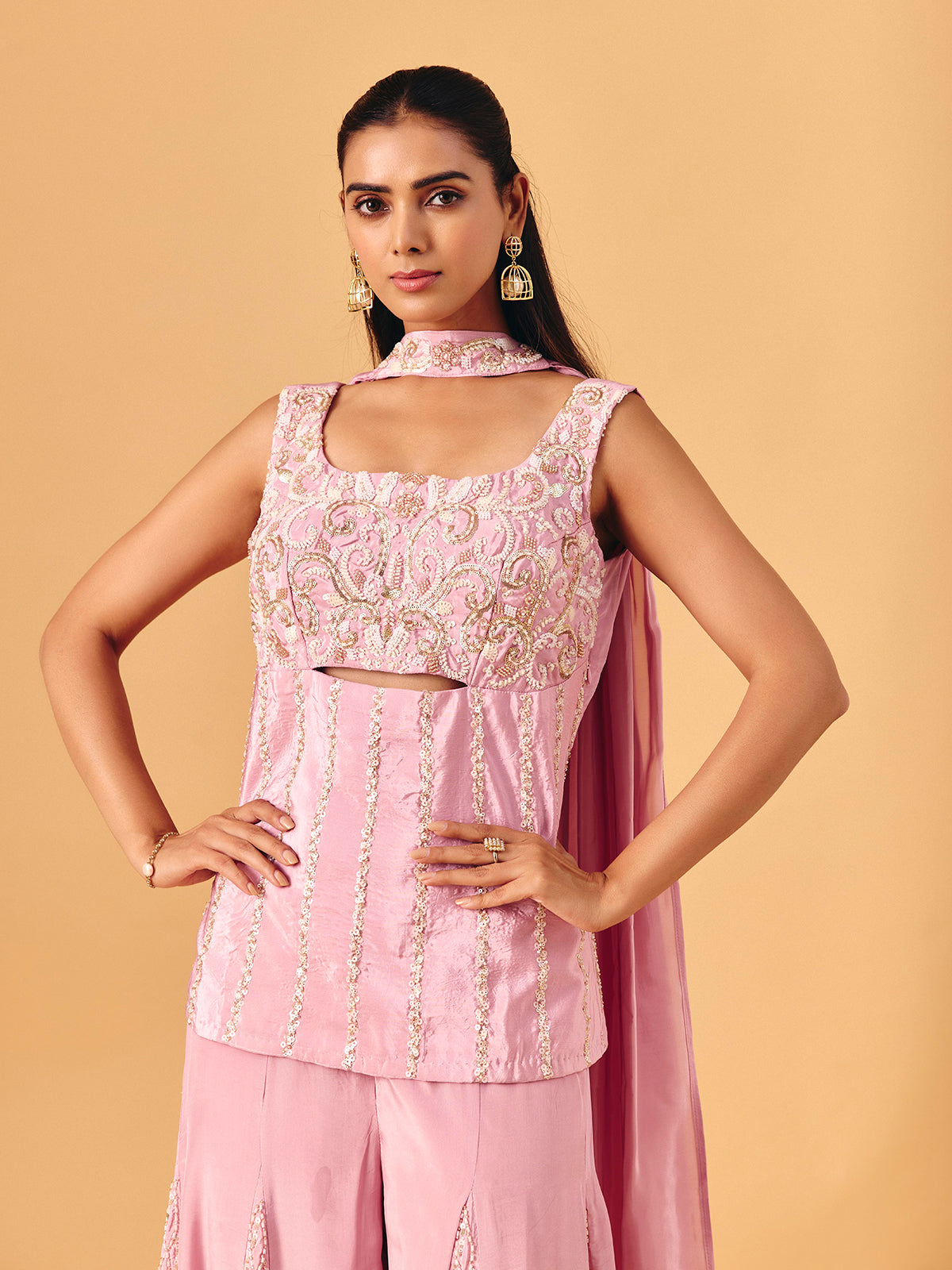 Light pink chinon silk palazzo suit with sequin work