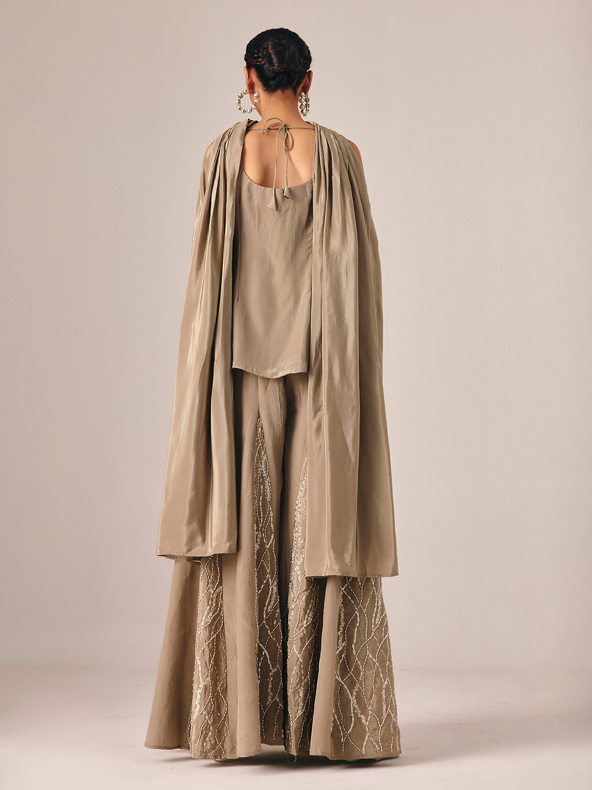 Dark beige chinon silk palazzo suit with embellishments