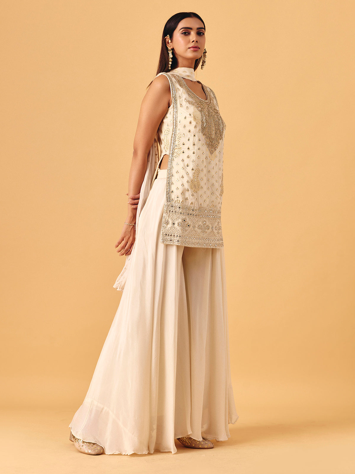Cream chiffon georgette palazzo suit with pearl detailing