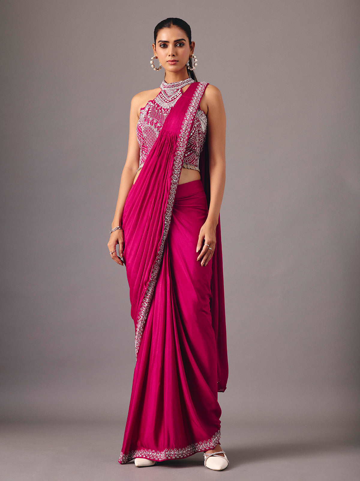 Magenta ready to wear saree with embellished halter blouse
