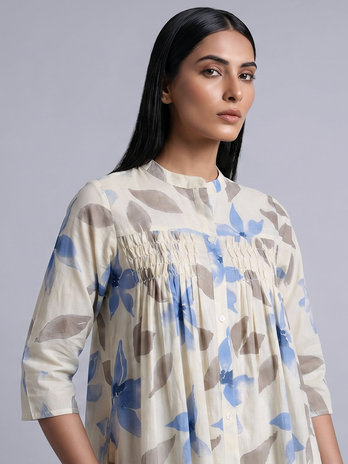 Off white cotton kurti set with blue floral print