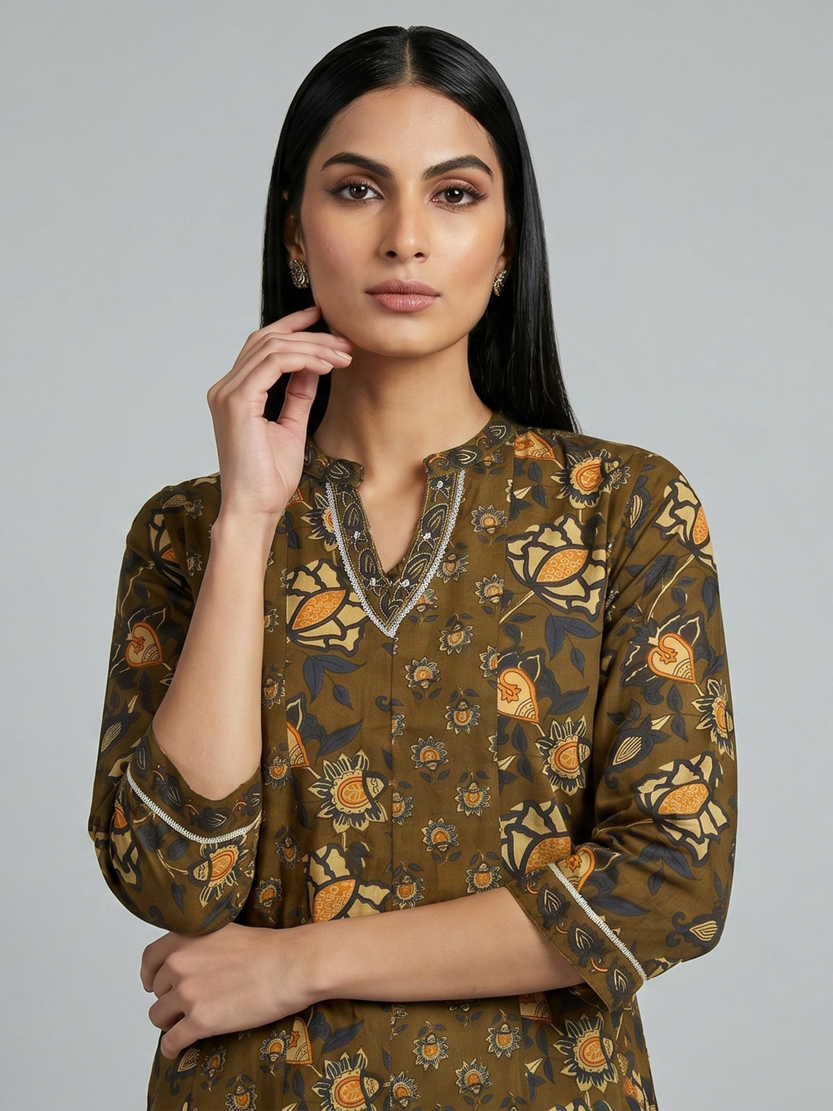 Mehendi olive cotton kurti set with floral detailing