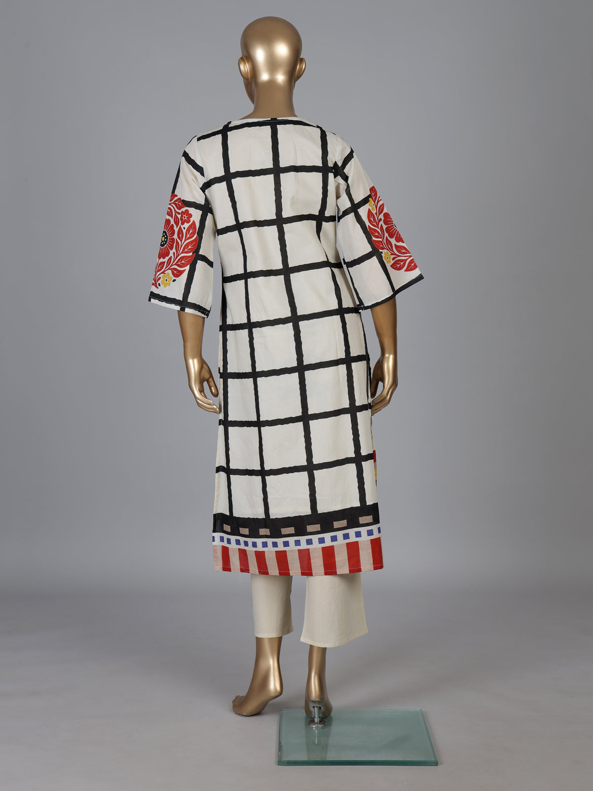 Off white silk kurti set with red floral print
