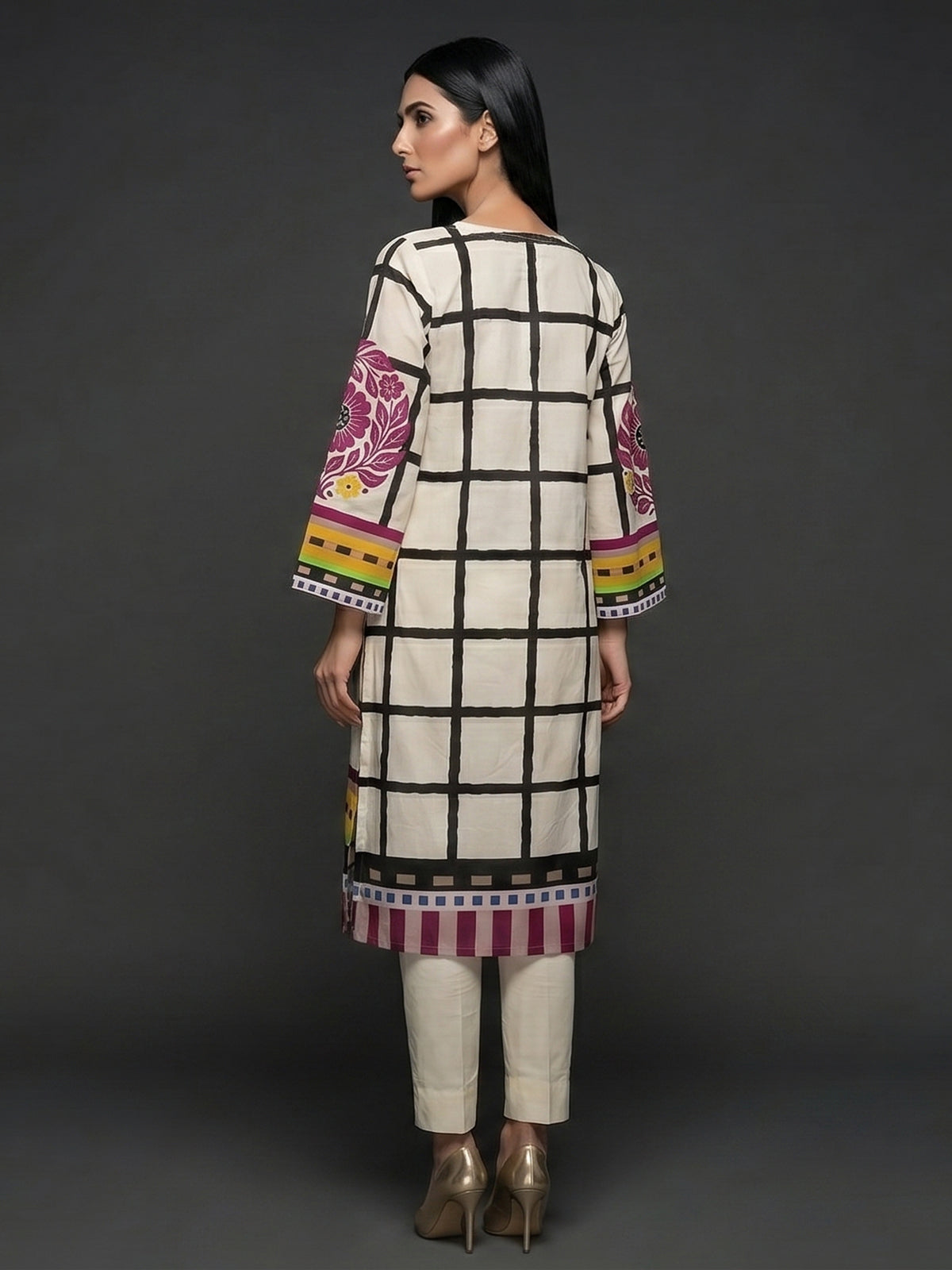 Off white silk kurti set with purple floral print