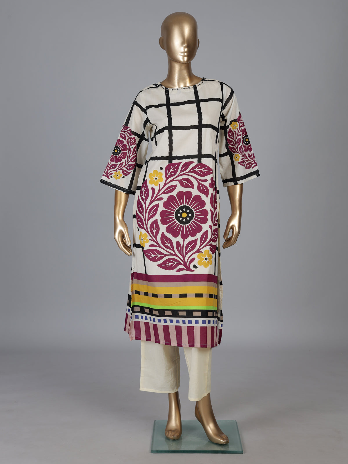 Off white silk kurti set with purple floral print