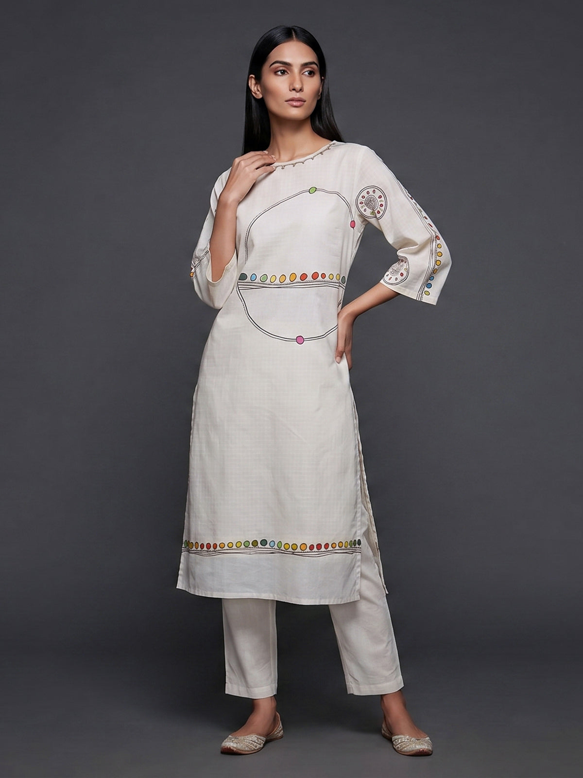 Off white cotton kurti set with sequin detailing
