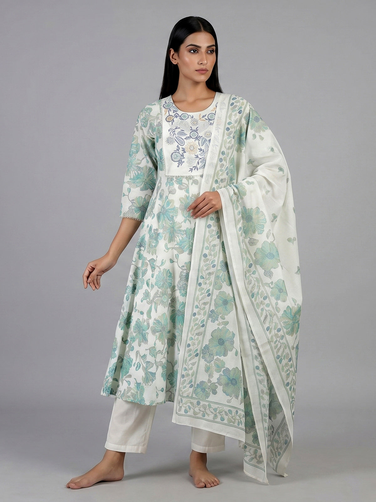 White cotton linen kurti set with green floral yoke