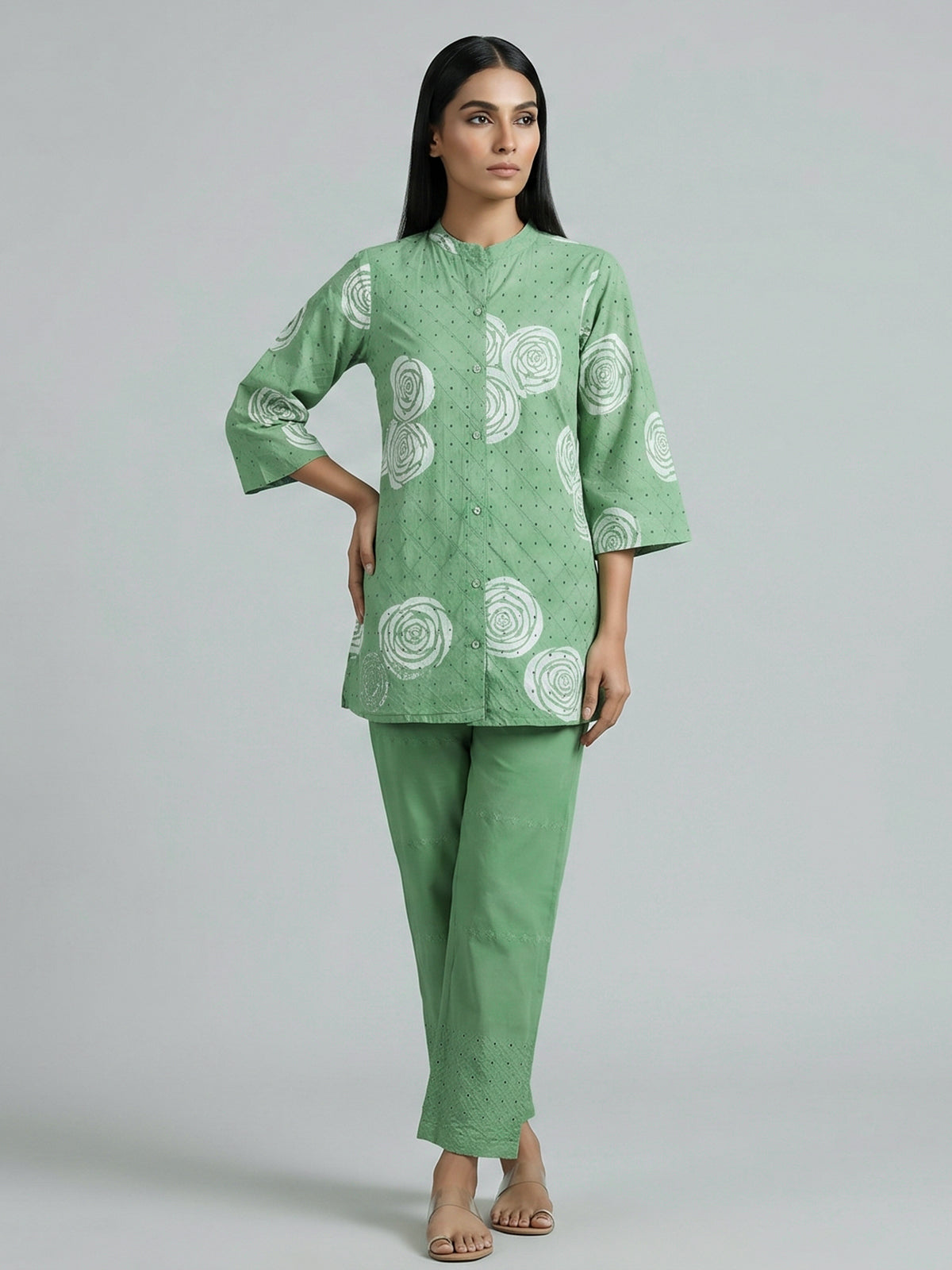 Pista green cotton co ord set with cut work detailing