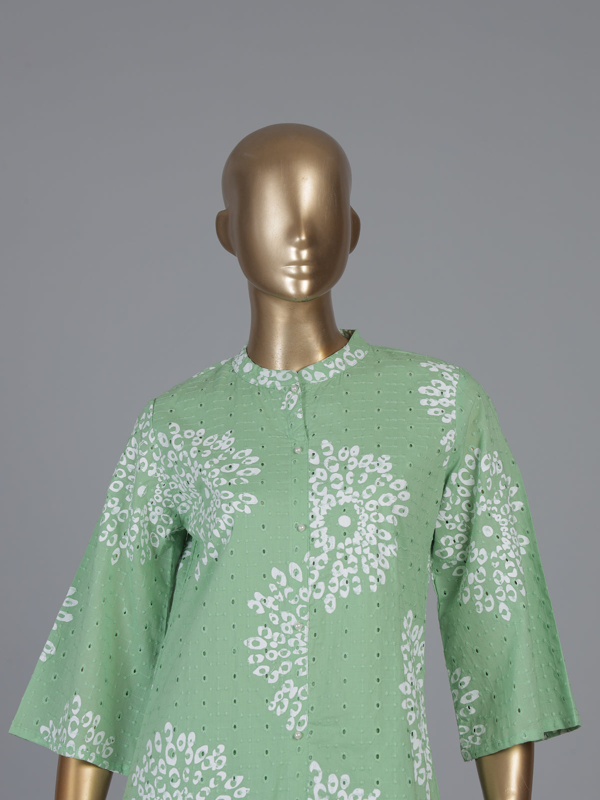 Mint green cotton co ord set with floral cut work