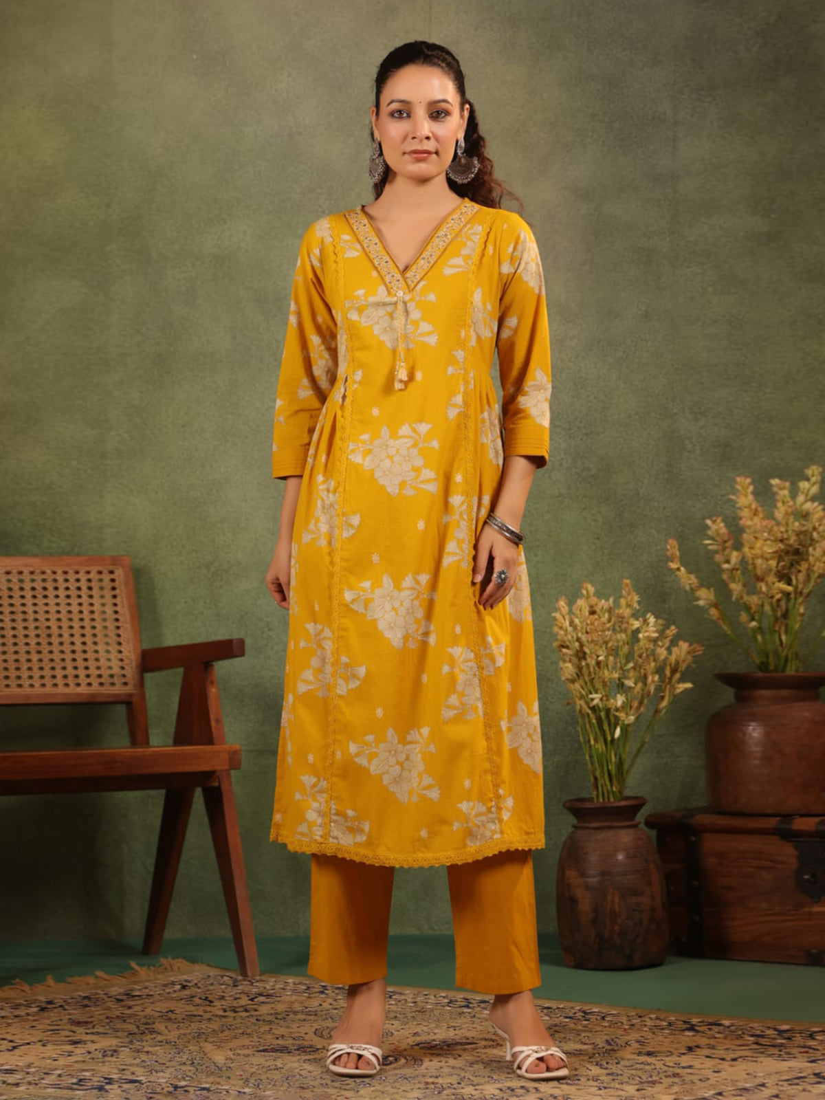 Mustard yellow silk floral printed festive kurti set
