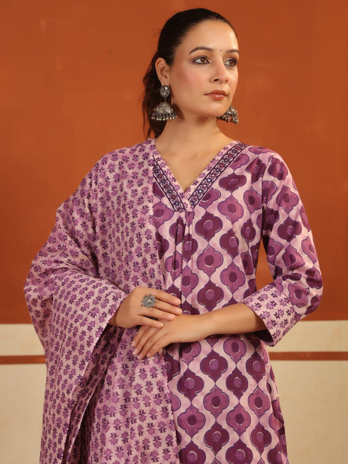 Purple silk floral printed festive kurti set with dupatta