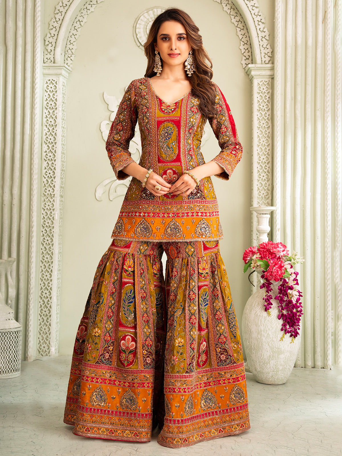 Pastel mehendi green silk sharara set with quarter sleeves for women
