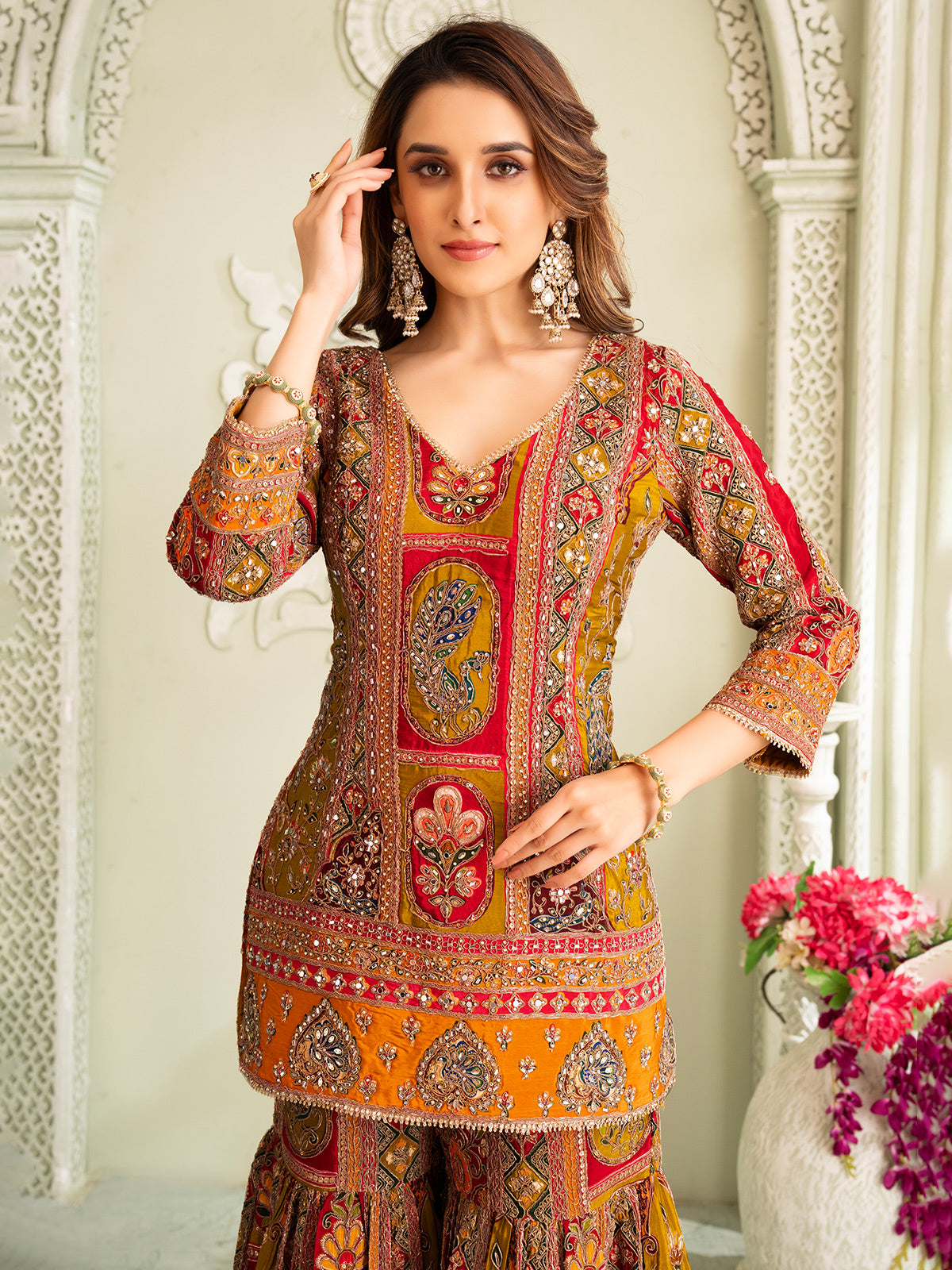 Pastel mehendi green silk sharara set with quarter sleeves for women