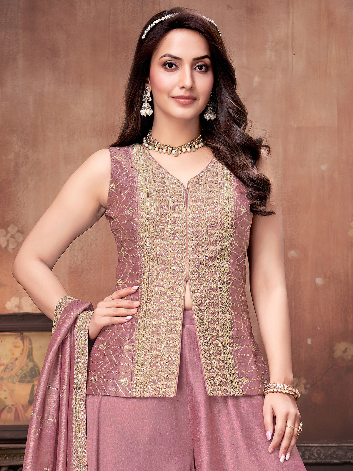 Onion pink silk palazzo auit for women wedding wear