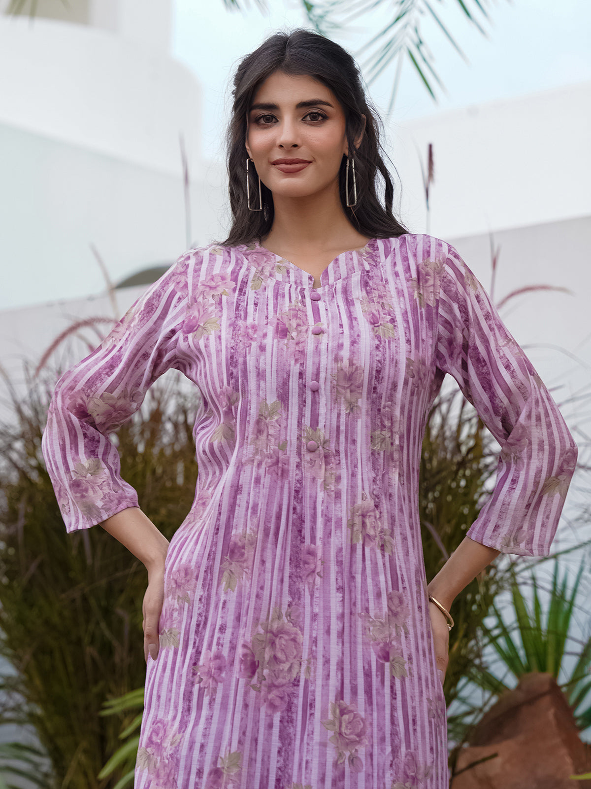 Purple silk floral printed kurti set for festive wear