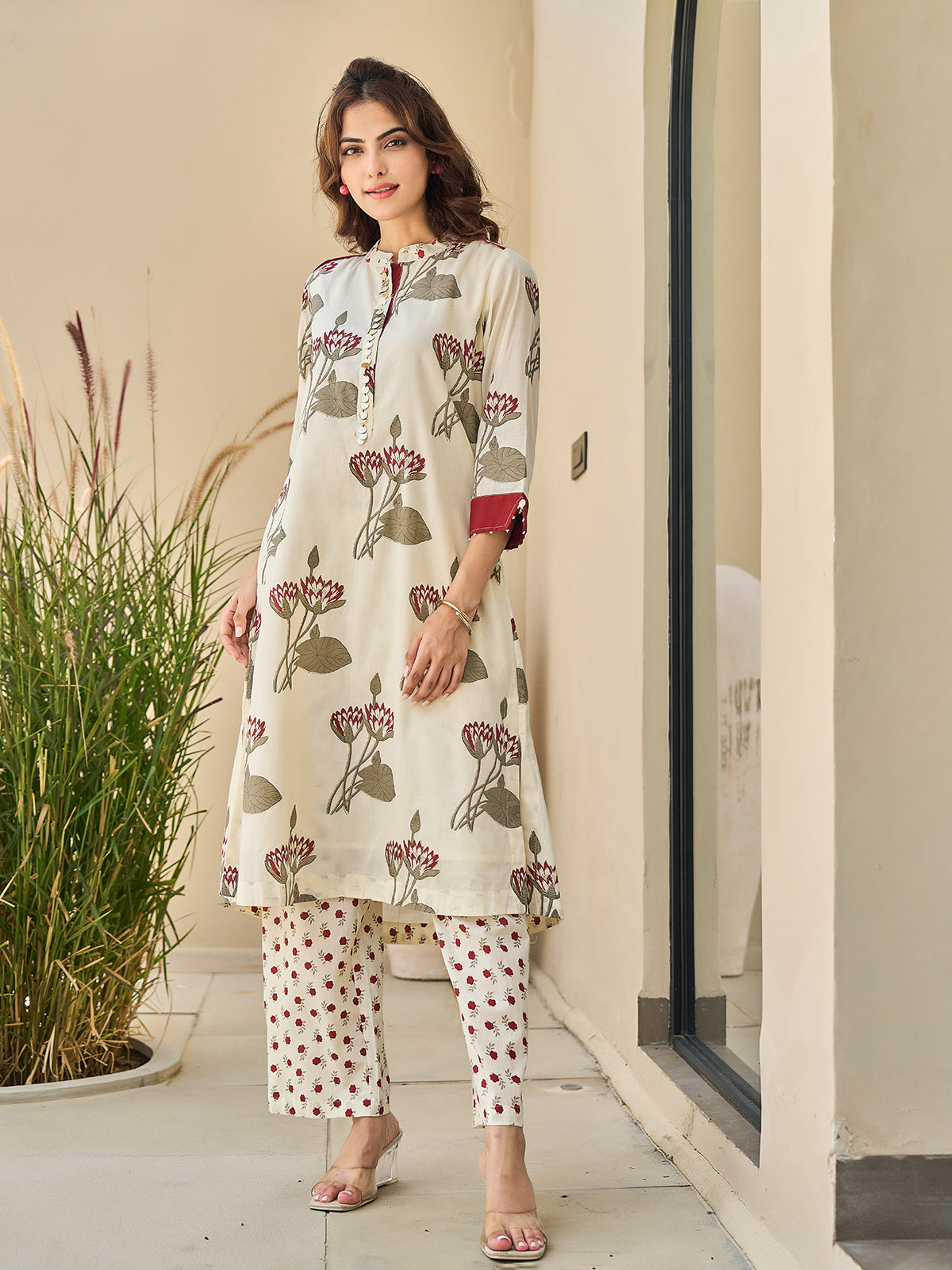 Cream maroon floral cotton silk kurti set with pant